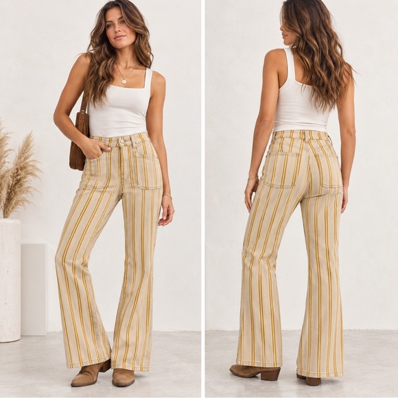 Pilcro Denim - Pilcro Striped Flare Jeans in Cream and Mustard